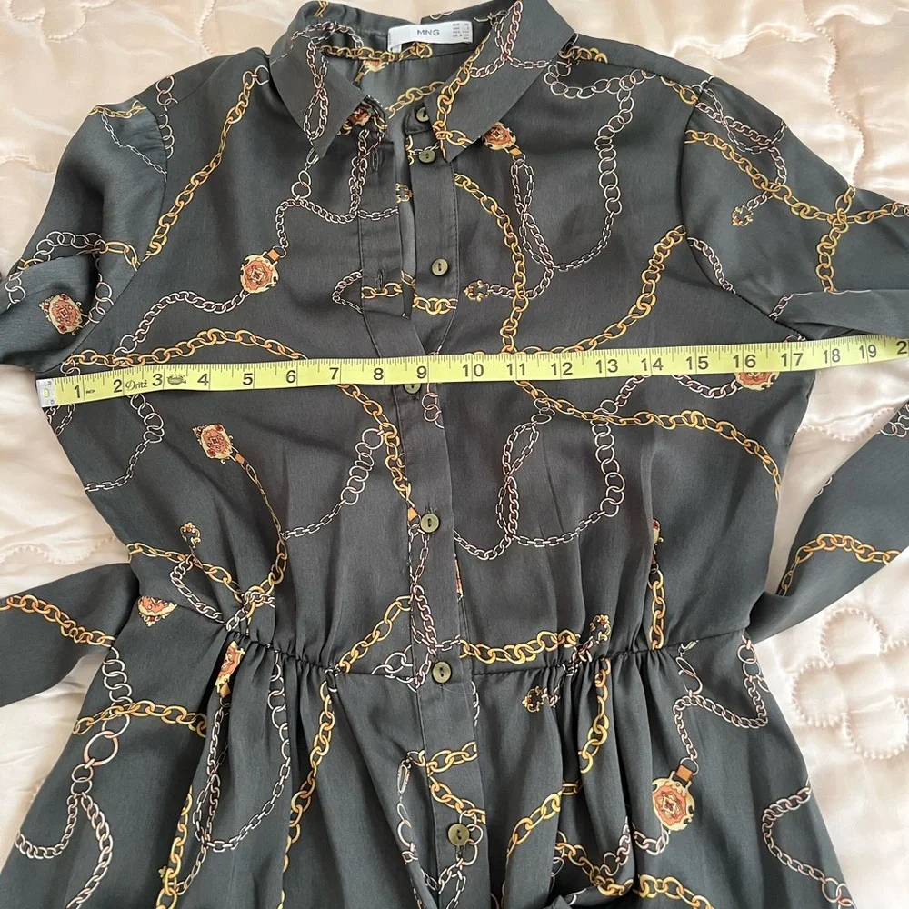 Mango Olive Green Chain-Print Midi Shirt Dress